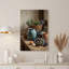 Tableau sur toile représentant un panier d'herbes aromatiques et de fruits frais sur une table en bois-879156525