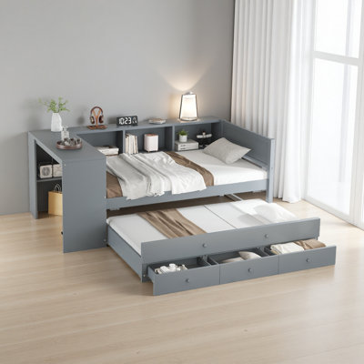 Lit de jour avec couchette, structure de lit de jour en bois avec tiroirs de rangement et tablettes latérales, lit de jour avec bureau, aucune boîte à ressorts nécessaire