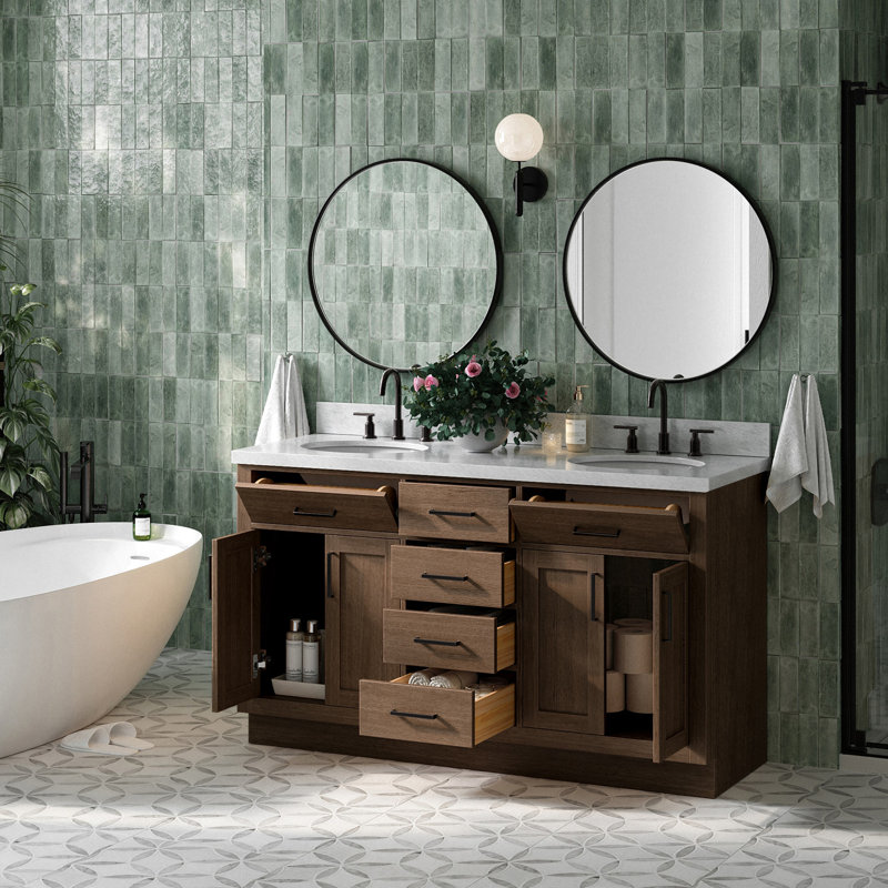 Meuble-lavabo double en bois massif Tidworth avec plateau en marbre de Carrare de 1,5 po, Ovale, Chêne brun / noir mat