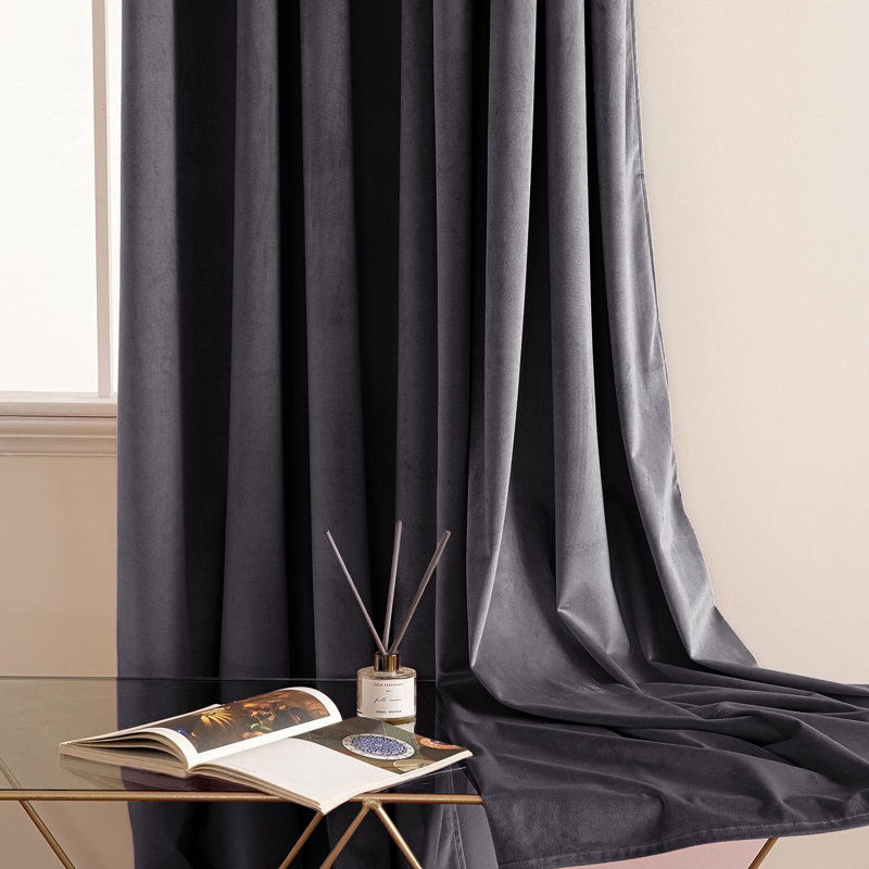 Thermal Velvet Curtains with Eyelet Ring Top - Blackout Crushed Velvet Drapes Pair, Charcoal, 117cm Width x 137cm Drop