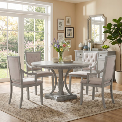 5-piece Dining Table Set for 4, Extendable Round Table and 4 Upholstered Chairs with Armrests, Antique Gray Solid Wood Frame for Dining Room, Kitchen and Living Room