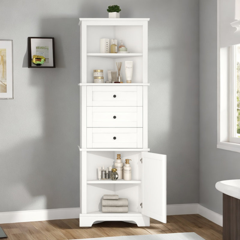 Austi 69" Triangle Tall Cabinet With 3 Drawers And Adjustable Shelves , White