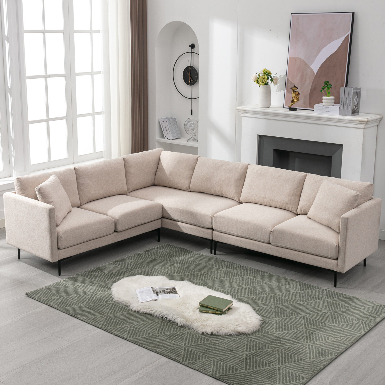 Buy Sectional Sofa Set 6-Seats Modular L-Shaped Couch Modern Fabric Lifestyle Sleeper Couch Living Room Set With Ottoman Seat For Home Office Dark Gray