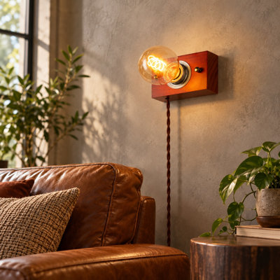 Retro Wooden Wall Sconce, Plug-In Wall Lamp with Braided Cord, E26 Socket Rustic Industrial Lighting Fixture for Bedroom Living Room