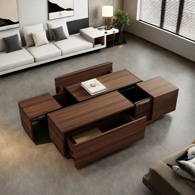 Rectangular Sliding Top Coffee Table With 2 Drawers And 2 Hidden Storage Compartments