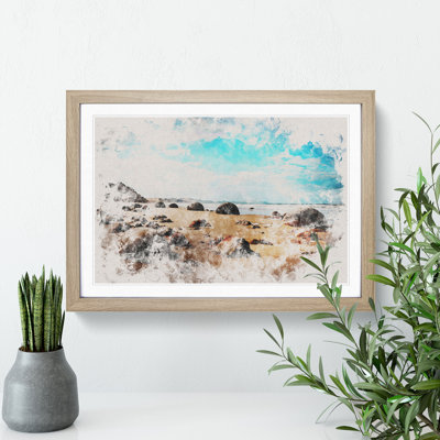 Moeraki Boulders Beach New Zealand Watercolour - Picture Frame Graphic Art