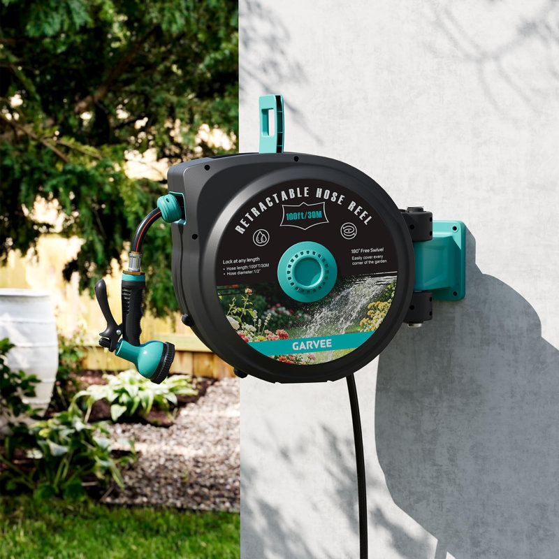 Enrouleur de boyau d'arrosage rétractable 100pi avec buse à 9 modes et pivotant à 180 ° | Fixation murale, rembobinage lent, verrou de toute longueur et pression de travail de 200 PSI