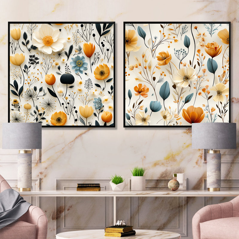 Cecilia - ensemble de 2 reproductions d'art sur toile florales, Cadre noir, H 30 po x l 61 po x P 1 po