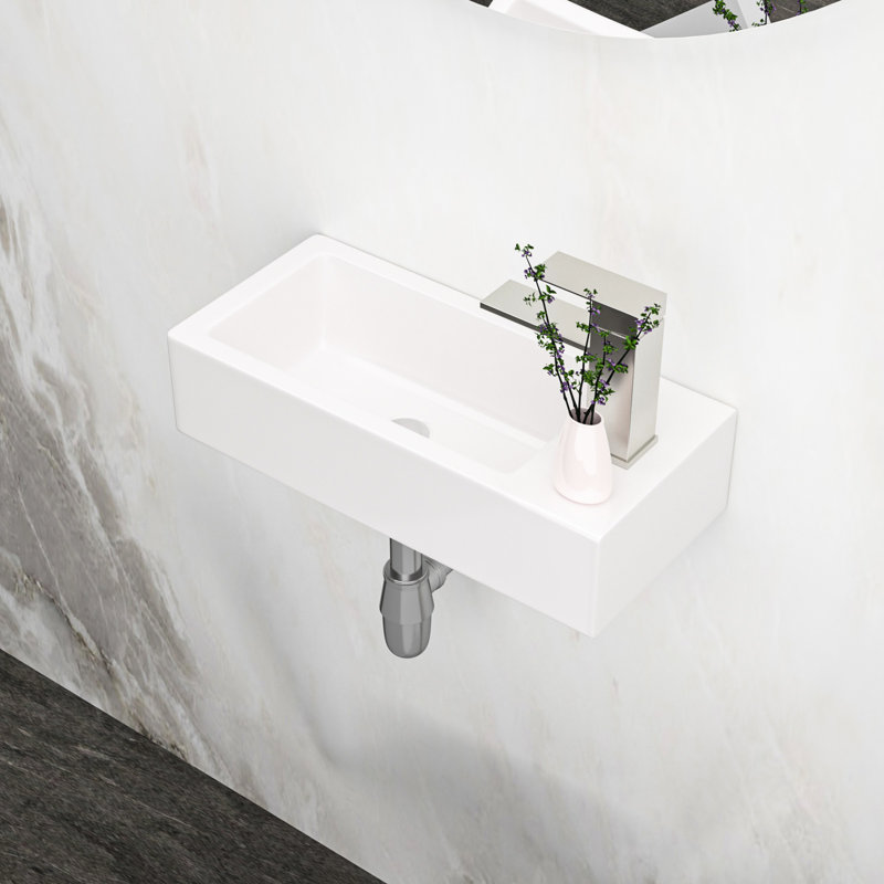 White Rectangular Ceramic Sink - Wall Mount, 14.88x7.19 Inch, Stain , Faucet Hole Supplied Bathroom Mounted, Rectangular, Offered