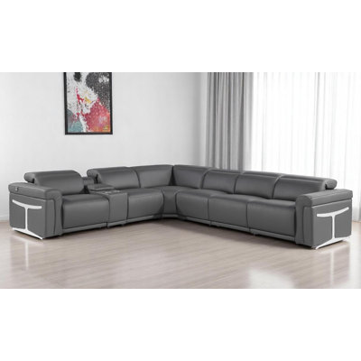Gray Italian Leather Modular L Shaped Seven Piece Corner Sectional With Console