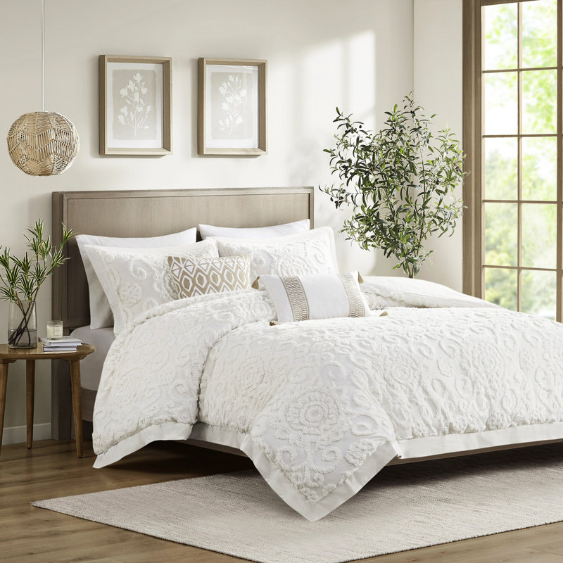Édredon très grand - 100% coton, magnifique motif capitonné en chenille, surdimensionné et relaxant, comprend 2 taies décoratives, taille en coton avec ornement, confortable