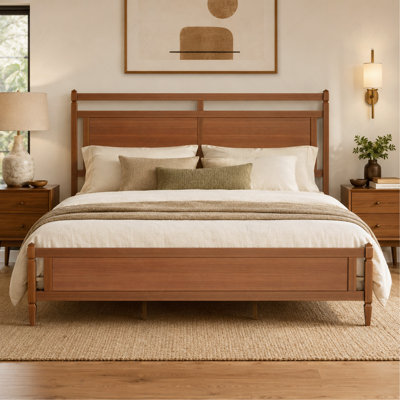 King Size Mid-Century Modern Wood Platform Bed Frame with Open Slat Panel Headboard and Footboard, Light Walnut
