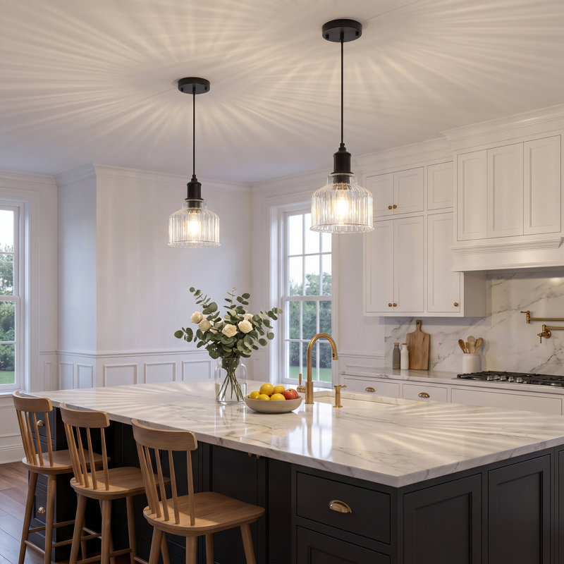 Black Ribbed Glass Adjustable Pendant Light