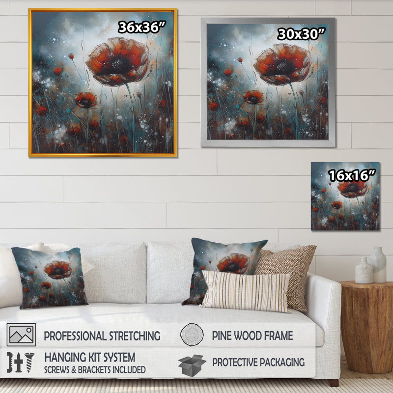 Champ de coquelicots rouges - impressions sur toile florales, Cadre photo noir, L 16 po x H 16 po