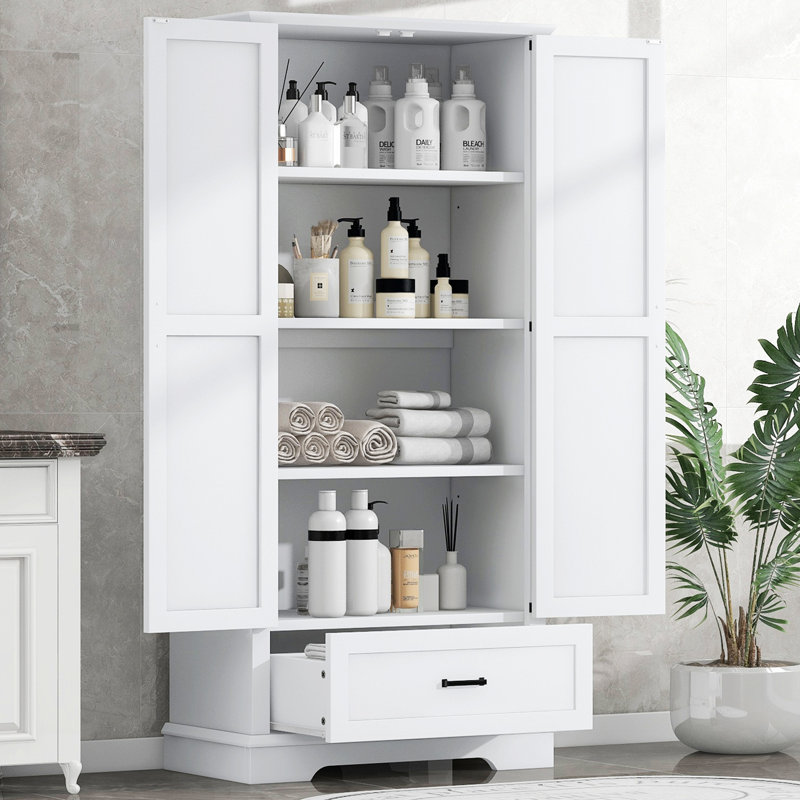 Armoire de rangement haute pour salle de bain, armoire avec deux portes et un tiroir