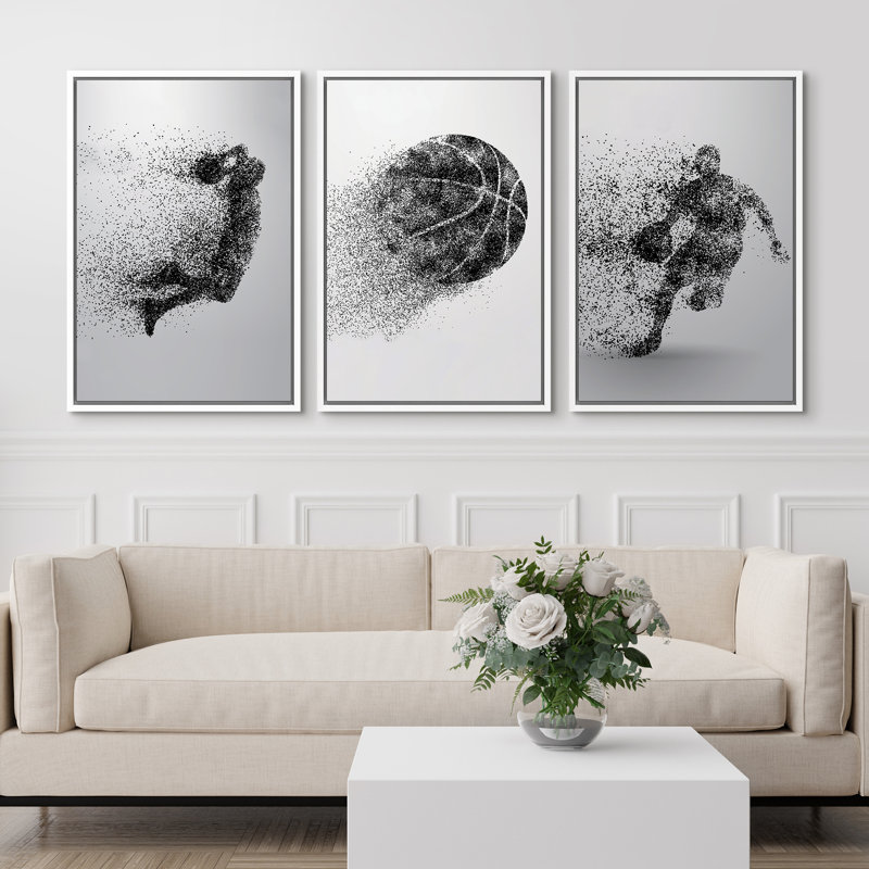 «Sport Play Basketball on Canvas», reproduction de 3 pièces, H 36 po x l 72 po, Cadre flottant blanc