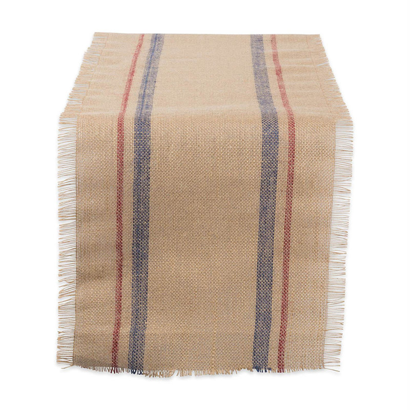 Remy Linen Table Runner, 108" L x 14" W, Natural Blue/Red