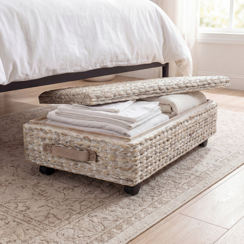 Bac de rangement minimaliste en bois tissé à la main avec roues et poignées 26,38 po Chett, Blanc délavé
