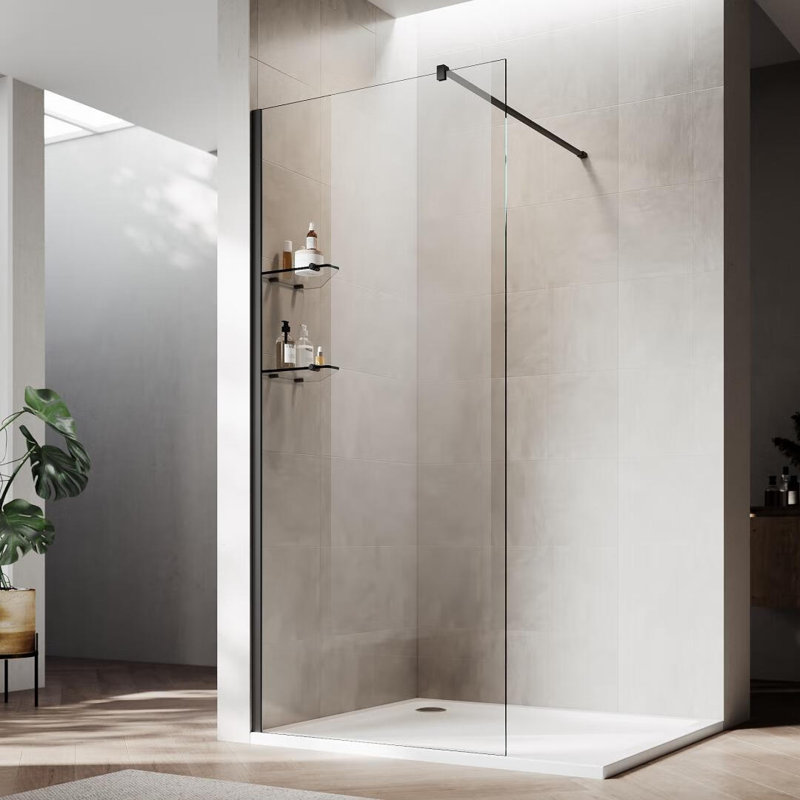 Écran de douche sans cadre l 30 po x H 74 po avec verre trempé transparent de 8 mm, tablettes en verre, Noir mat