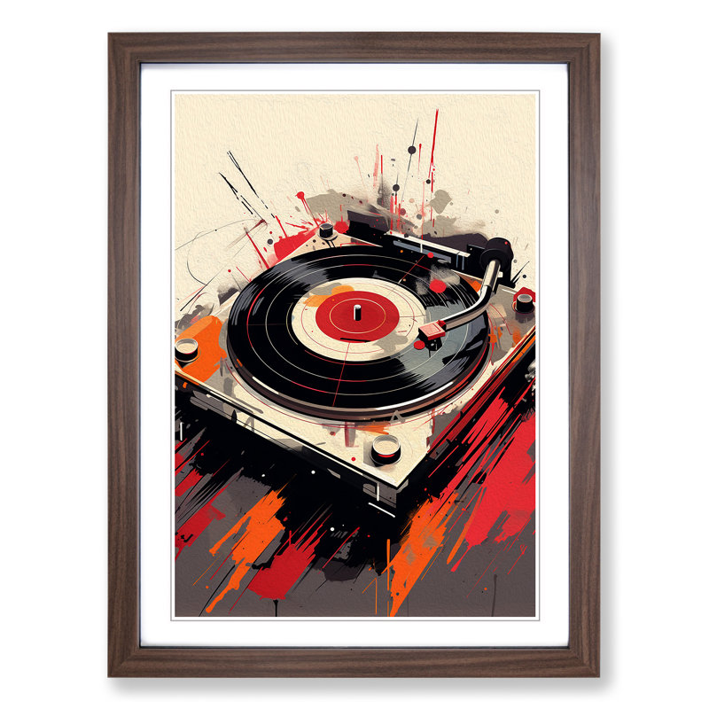 Vinyl Record Player Gestural - Single Picture Frame Print on Wood, Walnut Framed, 34cm H x 25cm W