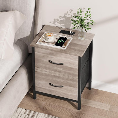 Table de chevet, ensemble de 2 avec station de charge, table de chevet avec prise de courant et ports USB, table d'appoint avec 2 tiroirs en tissu pour la chambre à coucher, le salon, la grège