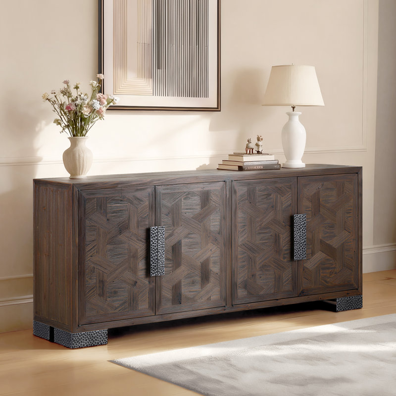  Vintage 74‘’W Solid Wood Sideboard with Hammered Iron Handles