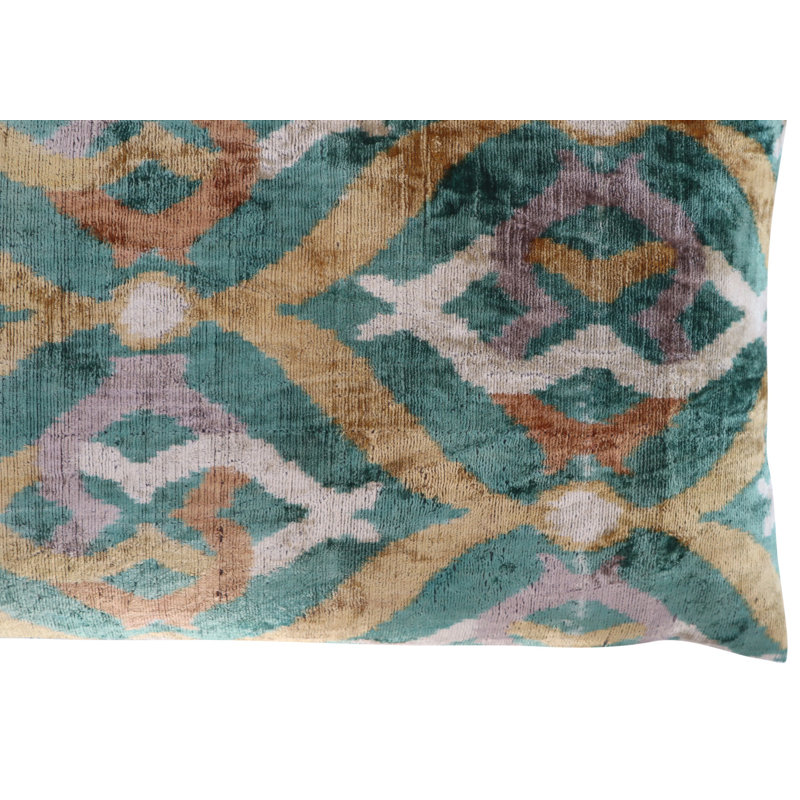 Velvet Lumbar Pillow Cover & Insert, Green/Beige/Teal Geometric 3