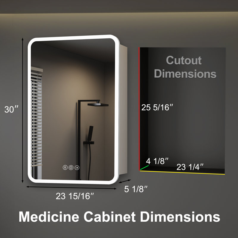 Cynethia Surface/Recessed Mount Medicine Cabinet with Mirror and 3 Adjustable Shelves, Rounded Edge, LED Lighting, Fog-free
