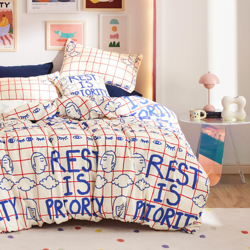 Housse de couette Design Series U Series, Housse de couette pour grand lit + 2 taies d'oreil, Beige/bleu