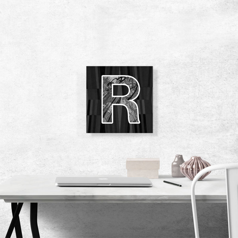 " Modern Black White Alphabet Letter R ", 12" H x 12" W x 1.5" D
