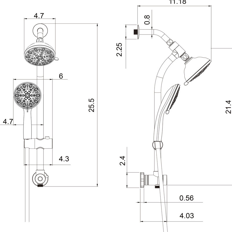 Système de pomme de douche double en nickel brossé: pomme de douche de 4,7 po, douche à 7 poignées, système de barre coulissante réglable et ensemble de tuyaux avec pomme de douche à pluie et nickel