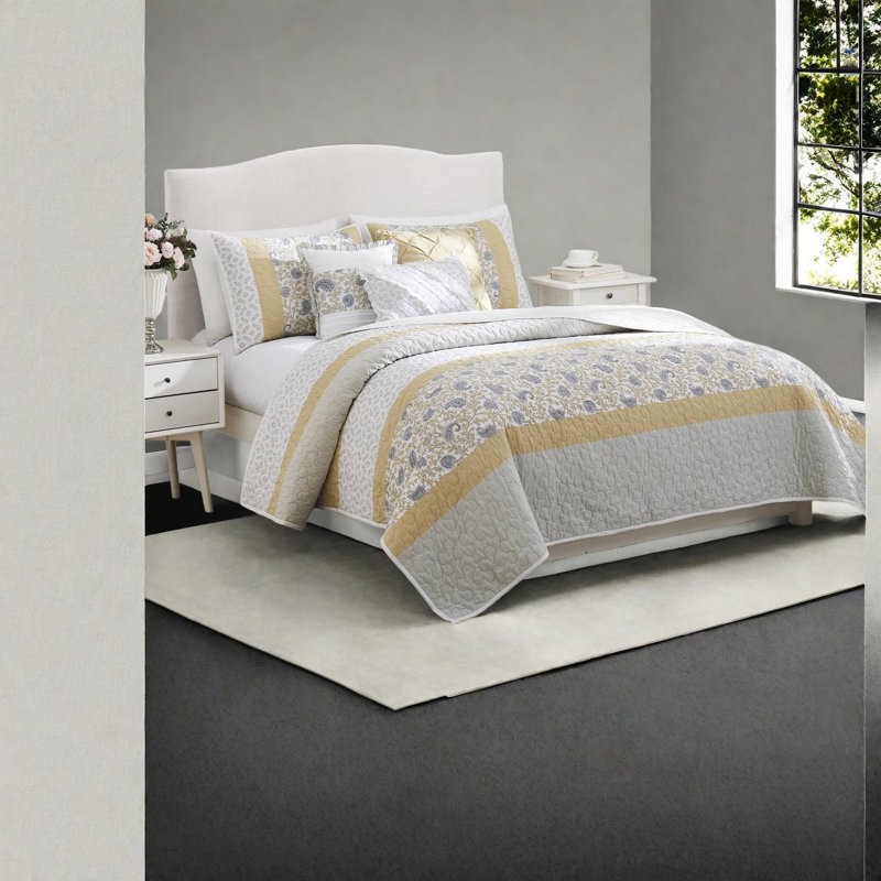 Ensembles de literie en percale de coton certifiés Oeko-tex, jaune matelassé réversible de style maison de campagne