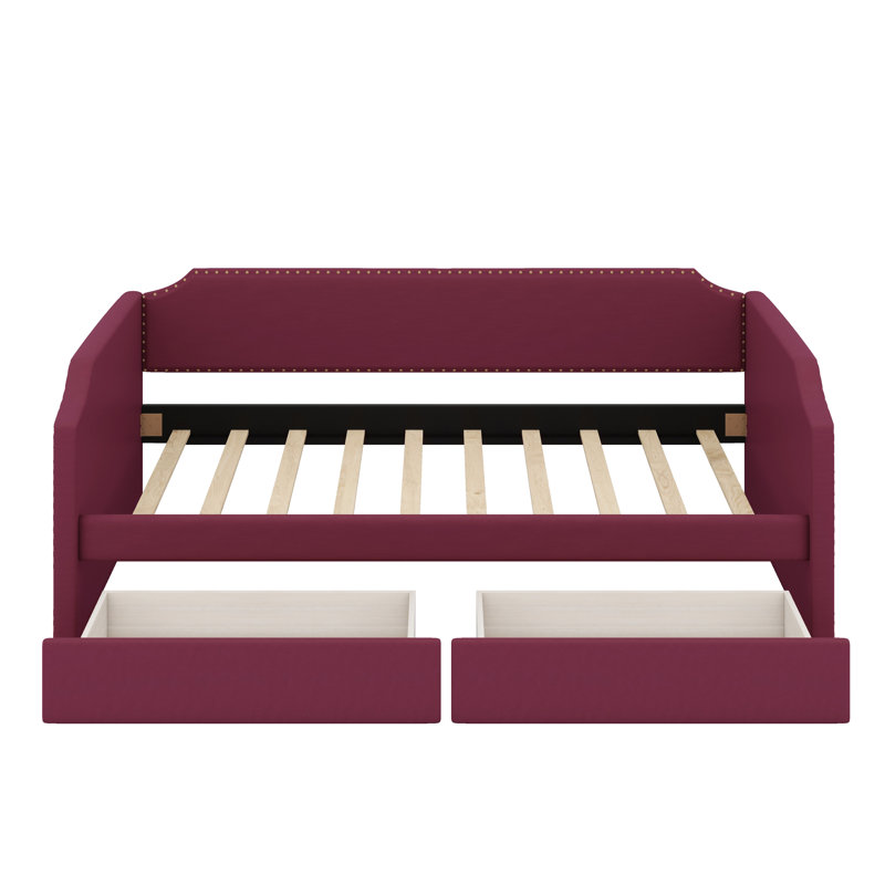 Lit de jour moderne avec une silhouette rembourrée rembourrée et des compartiments de tiroir pratiques sous le lit, Wine Red