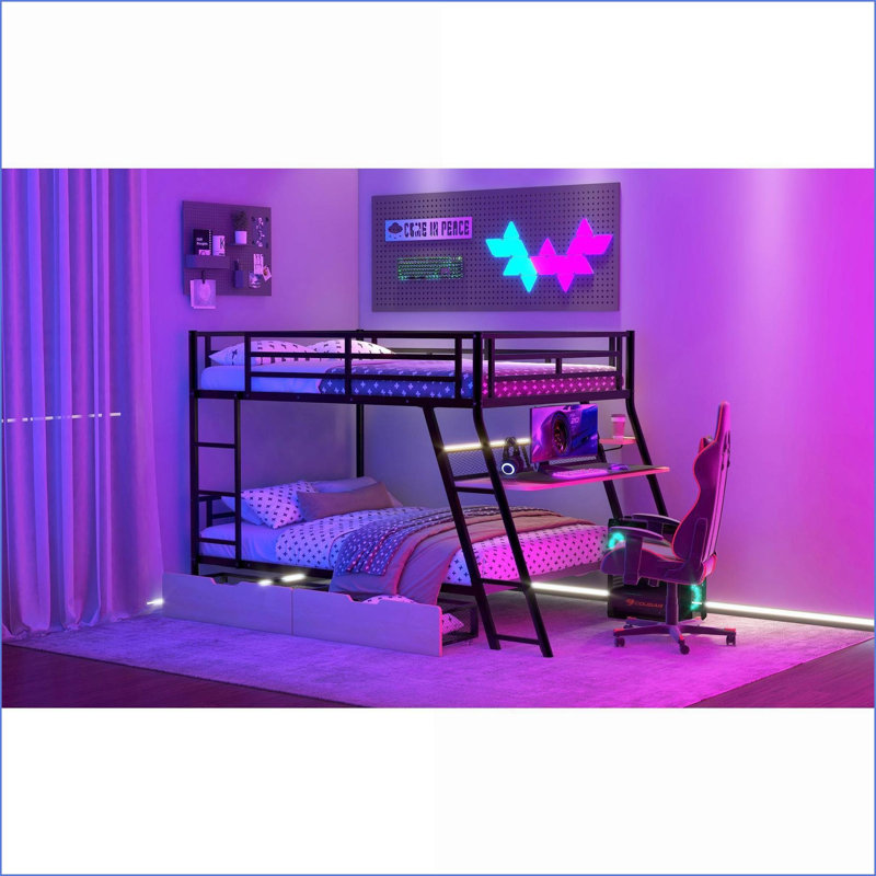 Lit superposé double en métal avec bureau intégré, 2 tiroirs Lumière DEL - Aucun sommier requis, noir pour les petits espaces