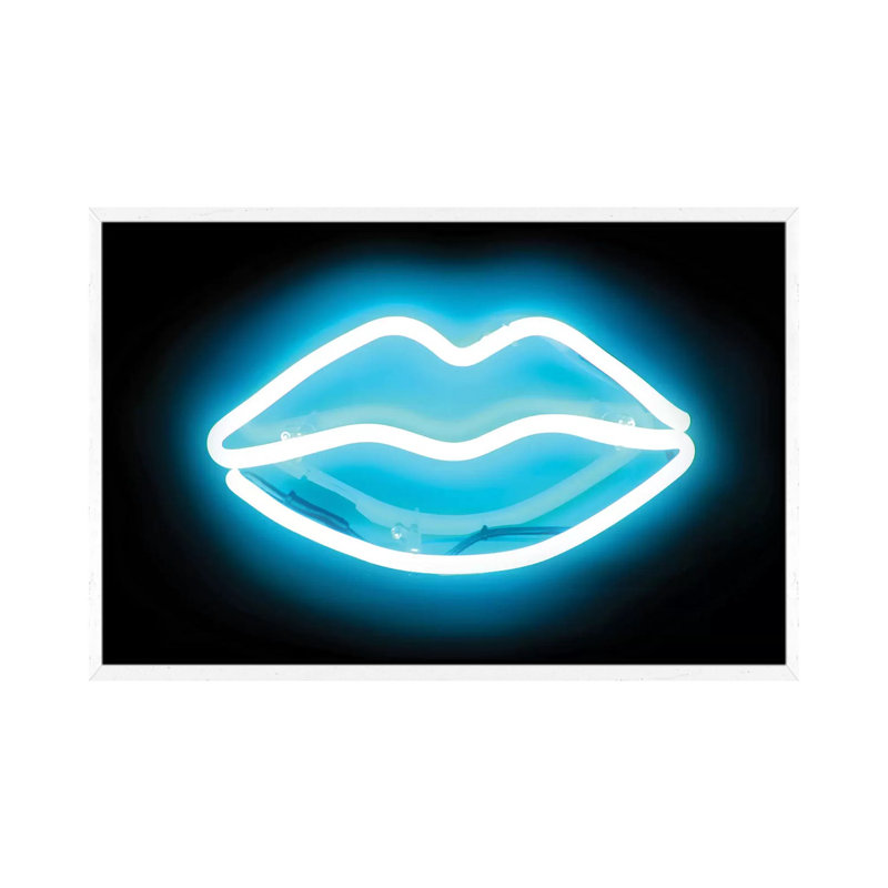 Neon Lips Aqua On Black by Hailey Carr - Print on Canvas, White Framed, 66.04 cm H x 45.72 cm W