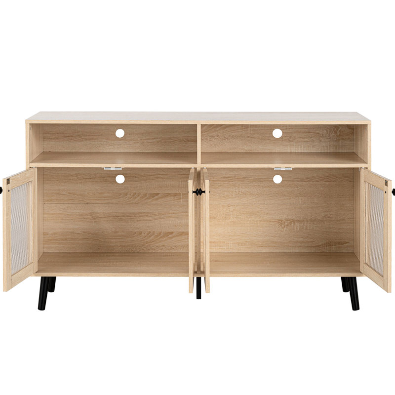 Meuble télé de style Mid-Century moderne avec finition ronde en bois noir et naturel, métal d'ingénierie, convenant au support de salon principal, 16 pouces de profondeur
