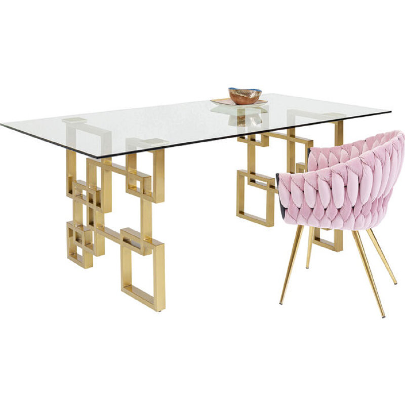 Table de salle à manger 48 po à plateau rond en verre avec base géométrique en acier inoxydable doré, Doré