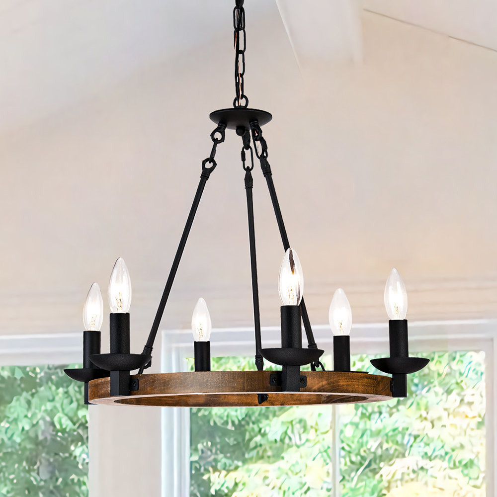 Bundaberg 6 - Light Unique Dimmable Wagon Wheel Farmhouse Chandelier with Wood Accents Gracie Oaks