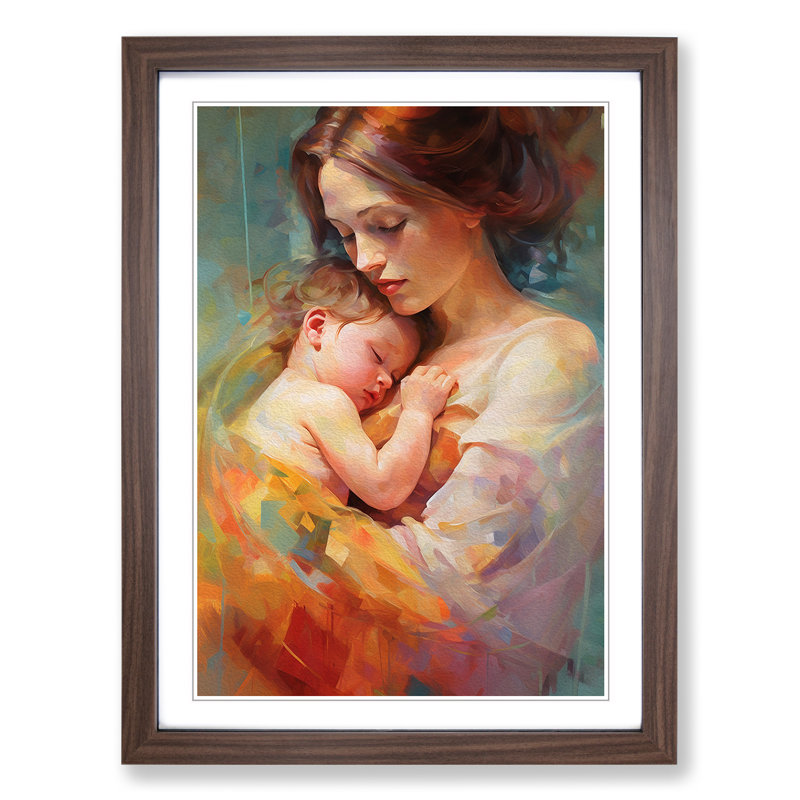 XYZ-FRM-V1223-4560 Mother And Baby Contemporary - Single Picture Frame Print on Wood, 46cm H x 34cm W x 2cm D, Walnut 