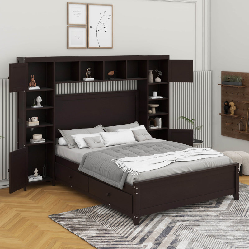 Lit double en bois avec tablette et armoire, Espresso