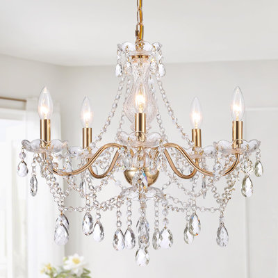 Lustre en cristal doré, luminaire suspendu en cristal de verre, lustre 5 lumières à cristaux français de style champêtre doré, 20 po de diamètre