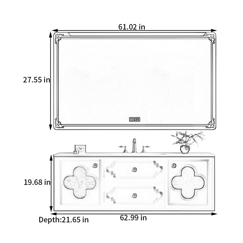 Armoire de salle de bain style français rétro, H 19,68 po x l 62,99 po x P 21,65 po