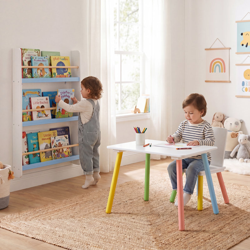 Kids 3 Piece and Chair Set, White/Blue
