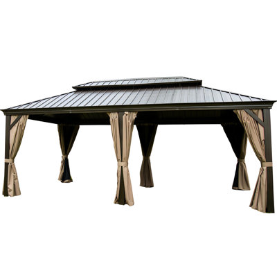 12'X20' Gazebo With Double Roof For Patio, Backyard And Lawn - Aluminum Frame Brown Sunlight Blocking Feature 12'X20
