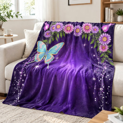 Couverture douce en flanelle de papillons doux - motif aquarelle, fleurs mauves et roses, bleu, accents scintillants, légères, respirantes, toutes saisons, confortables, décoratives, pour canapé, canapé, chambre à coucher de salon