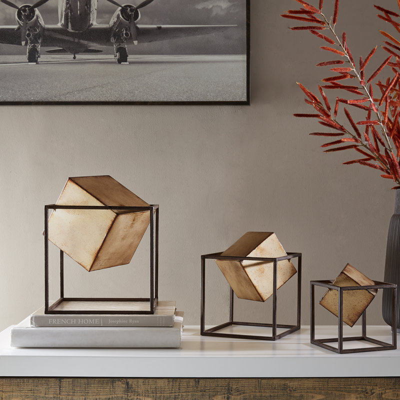 Gold and Black Metal Geometric Cube Decor Set, 3-Piece