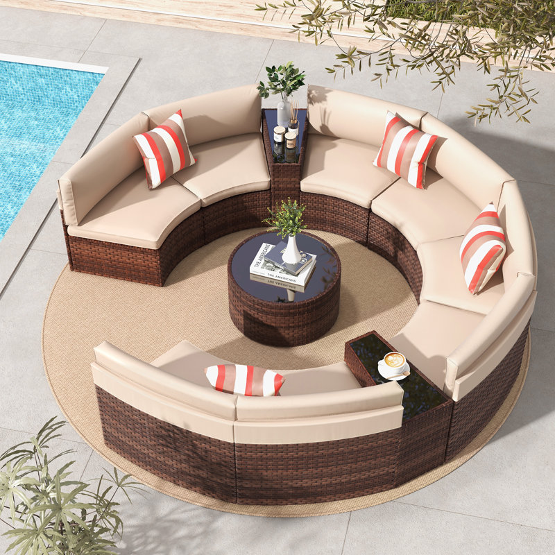 Ensemble de conversation 11 pièces pour 8 personnes avec coussins et coussin décoratif, Structure beige / coussin beige