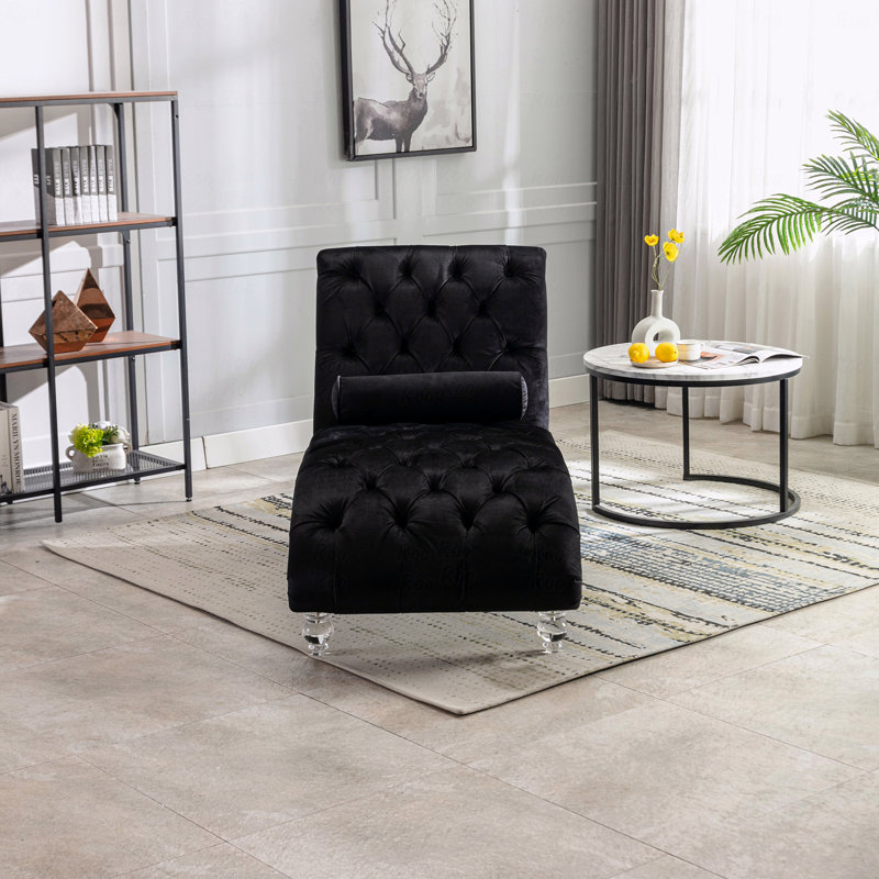 Méridienne en velours avec fonction inclinable intérieure et capitonnée à boutons, Noir