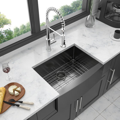 Évier de cuisine à tablier frontal en acier inoxydable de calibre 24 à 16 po Gunmetal, application à finition grattée, sans trace d'eau, chaleur et construction, doublure insonorisée, bon drainage, arrondi R10