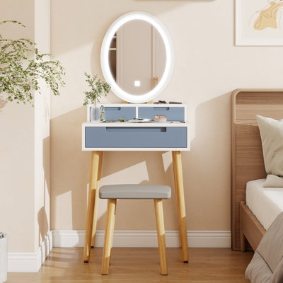 Barther Vanity Table Set with Adjustable Brightness Mirror and Cushioned Stool